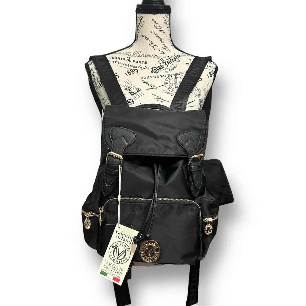 Valentino Orlandi Black Vegan Nylon Backpack w/ Pouch Logo‎ Gold Hardwarware NWT